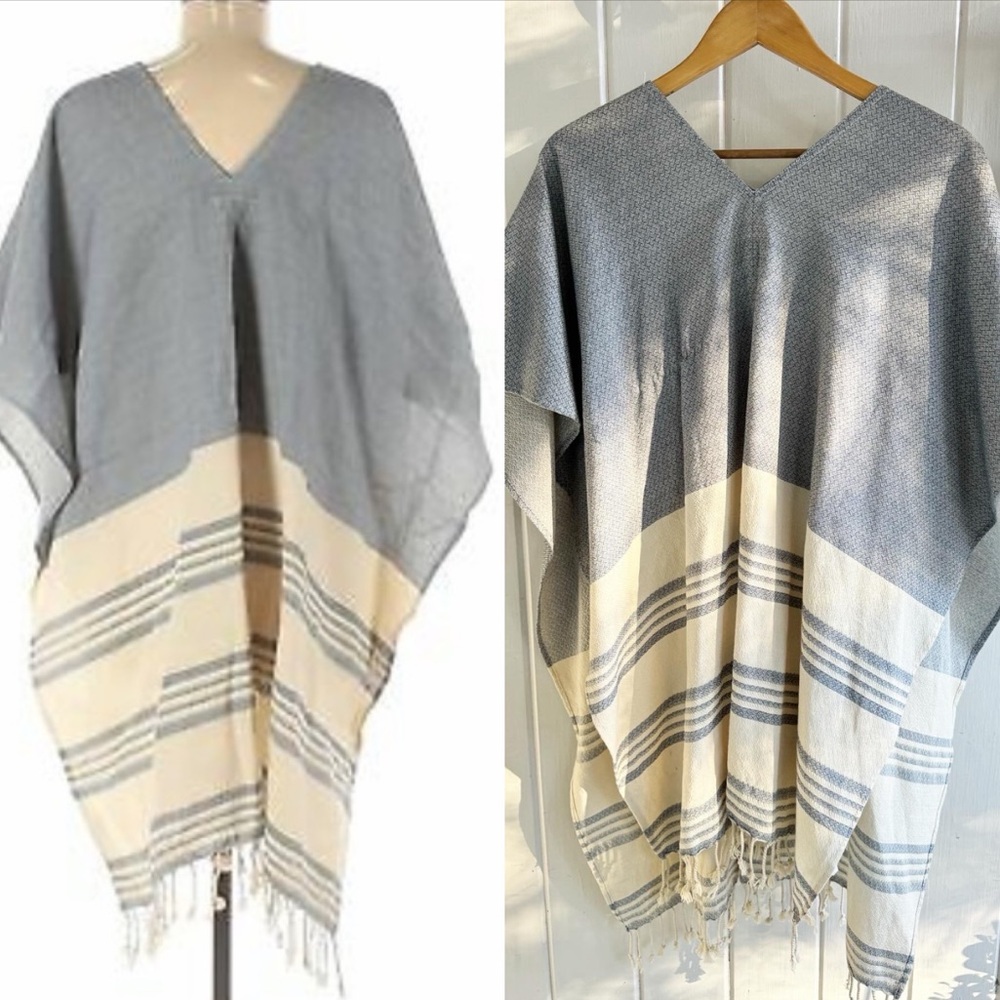 Tribe Alive Blue and Cream Textured Garment and fringe at hem. OS 100% cotton
